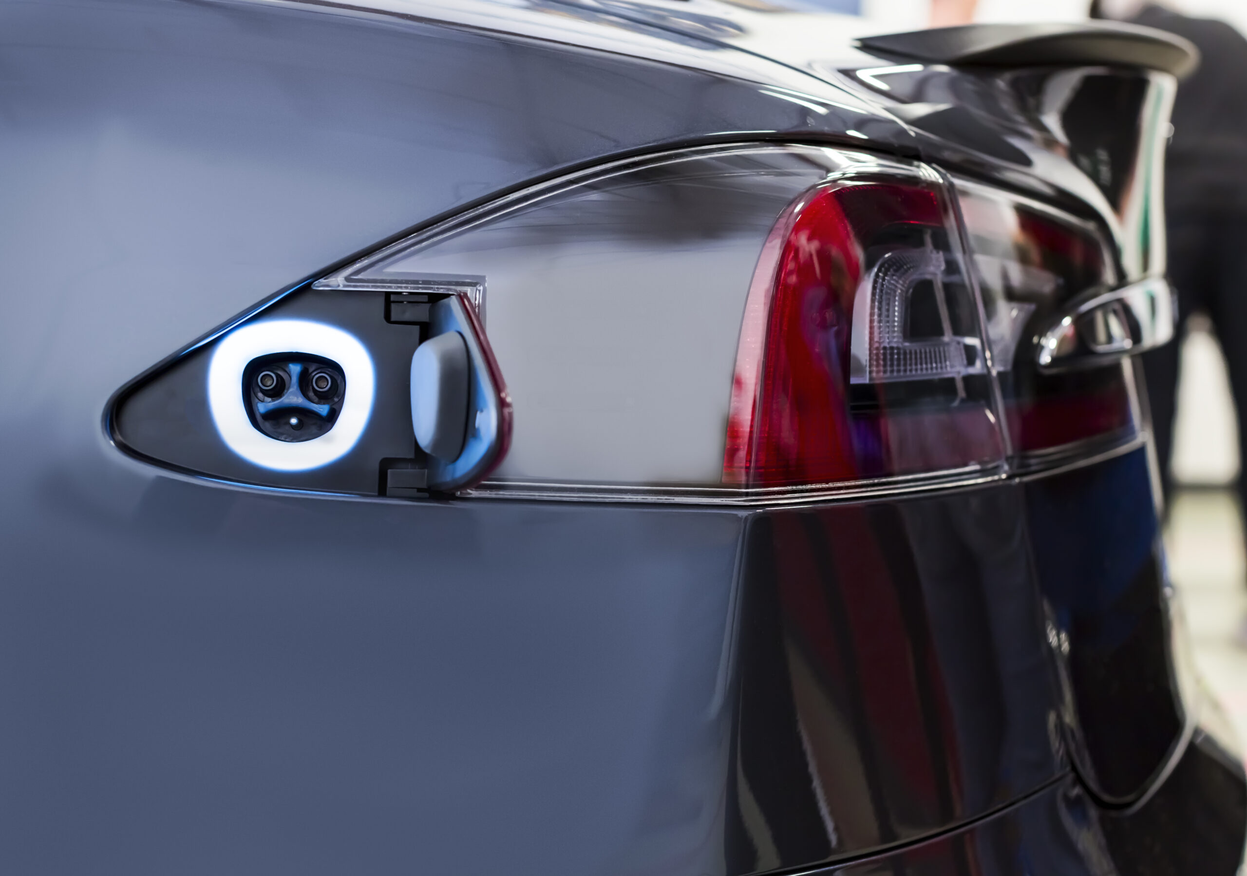 Charging socket on a blue electrically powered vehicle